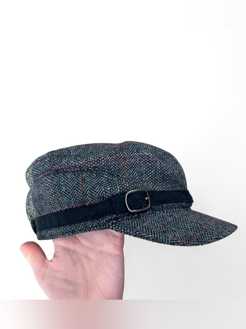 Herringbone Tweed Newsboy Cap with Buckle Detail